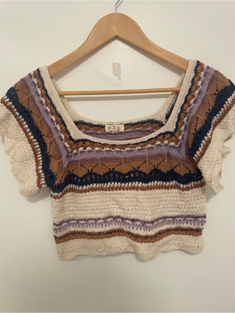 POL Striped Crochet Crop Top in Cream, Brown, Navy & Lavender